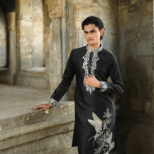 Noir Crane Embroidered Kurta