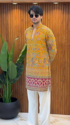 Mustard Peacock Embroidered Designer Kurta Set