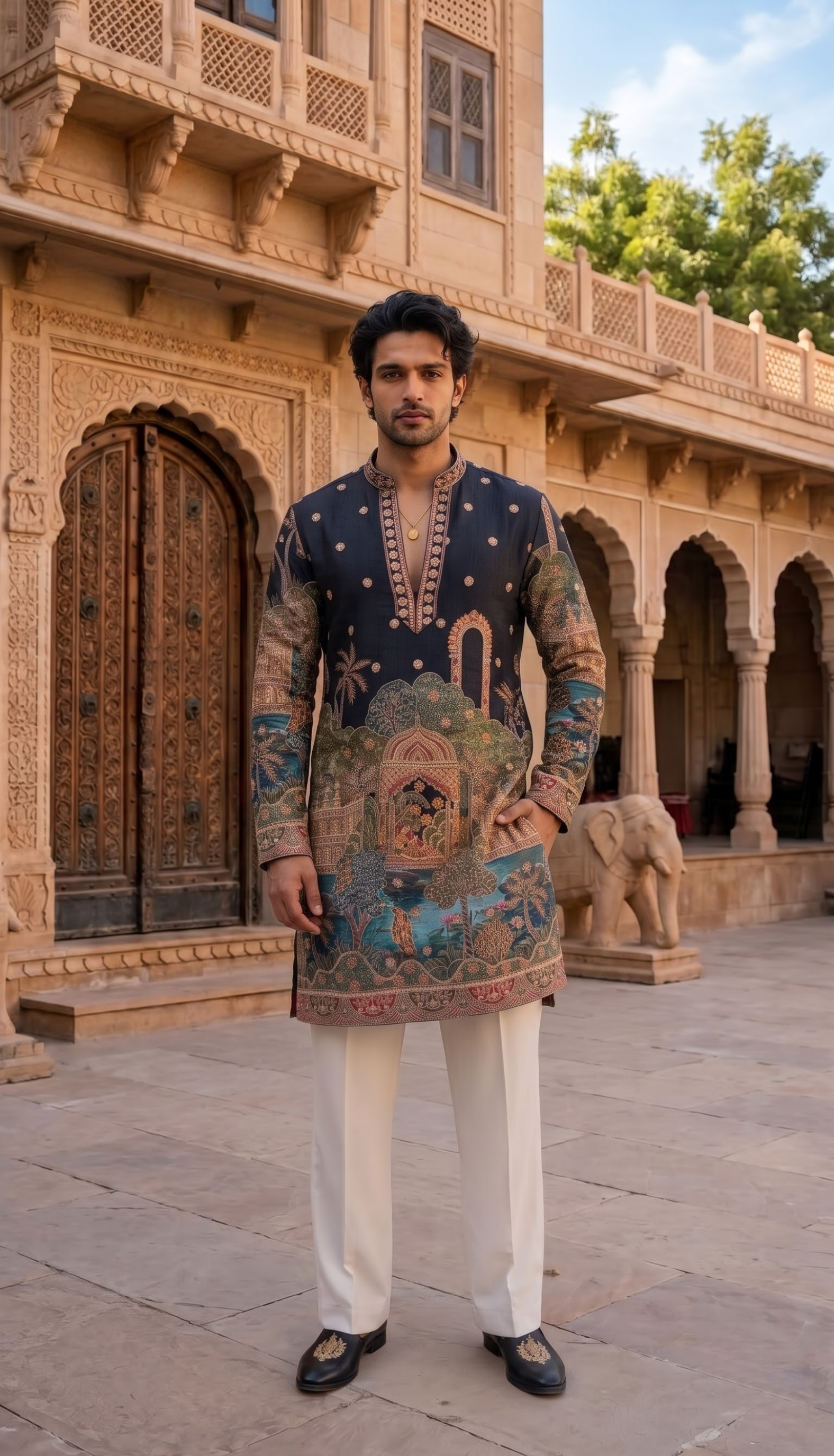 Navy Multicolour Palace Kurta