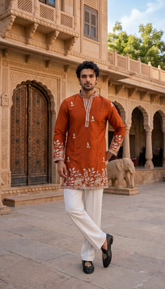 Rust Orange Elephant Border Kurta