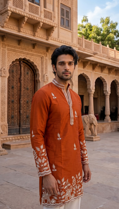 Rust Orange Elephant Border Kurta