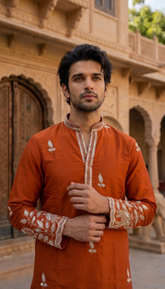 Rust Orange Elephant Border Kurta