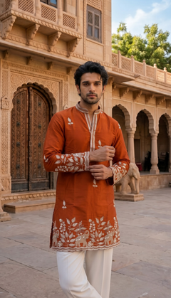 Rust Orange Elephant Border Kurta