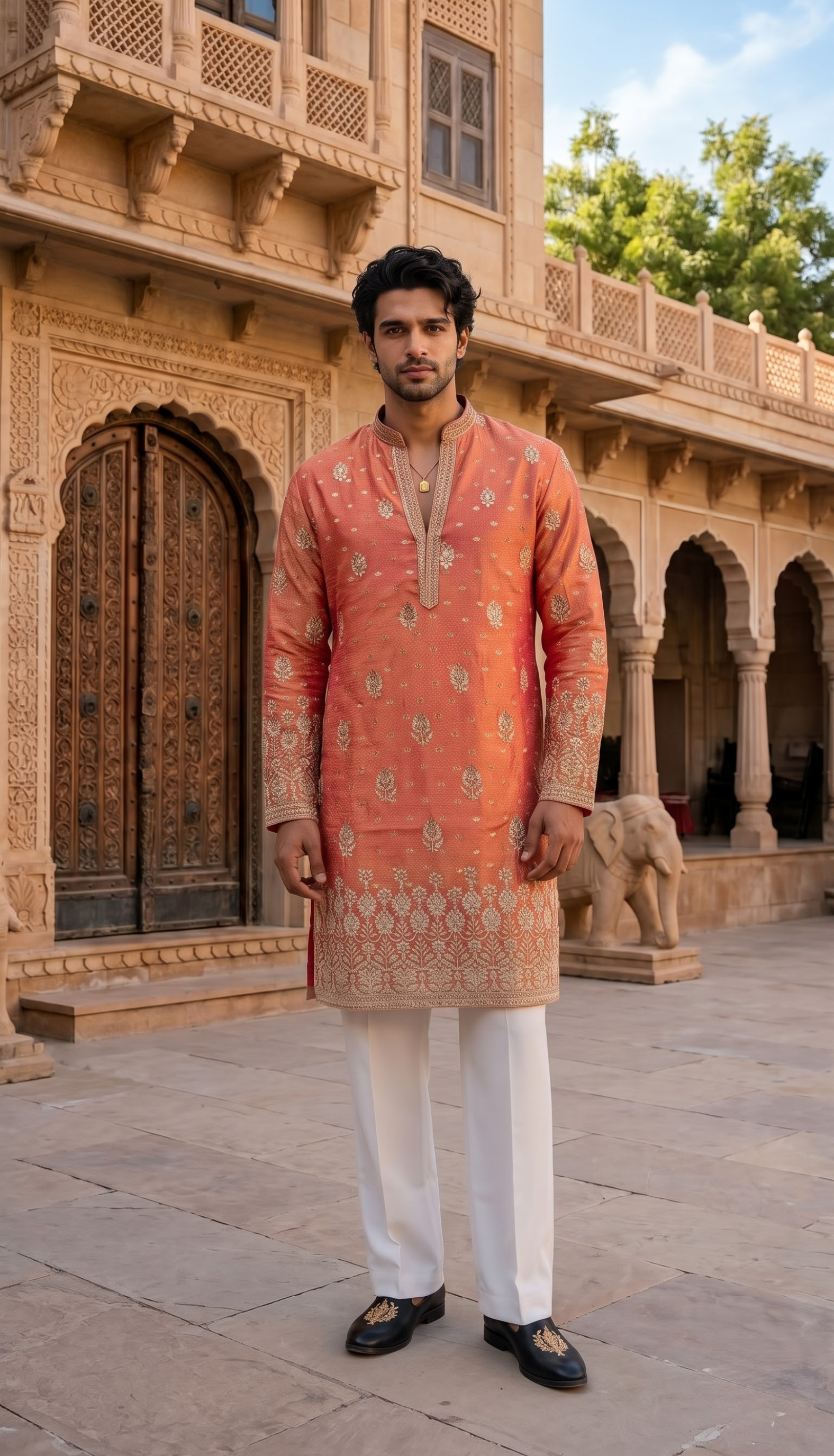 Peach Gold Motif Kurta