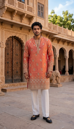 Peach Gold Motif Kurta
