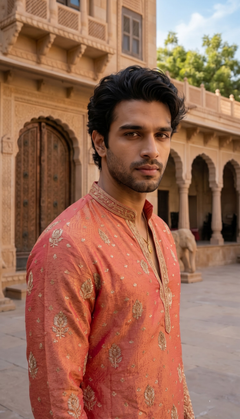 Peach Gold Motif Kurta