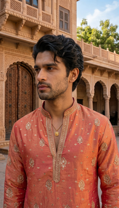Peach Gold Motif Kurta