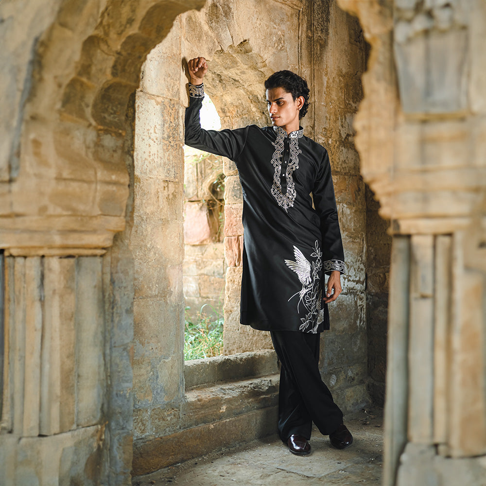 Noir Crane Embroidered Kurta