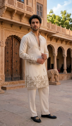 Ivory Floral Elephant Embroidered Kurta