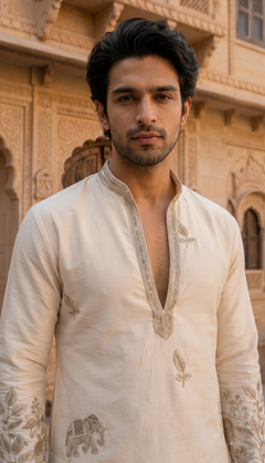 Ivory Floral Elephant Embroidered Kurta