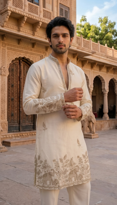 Ivory Floral Elephant Embroidered Kurta