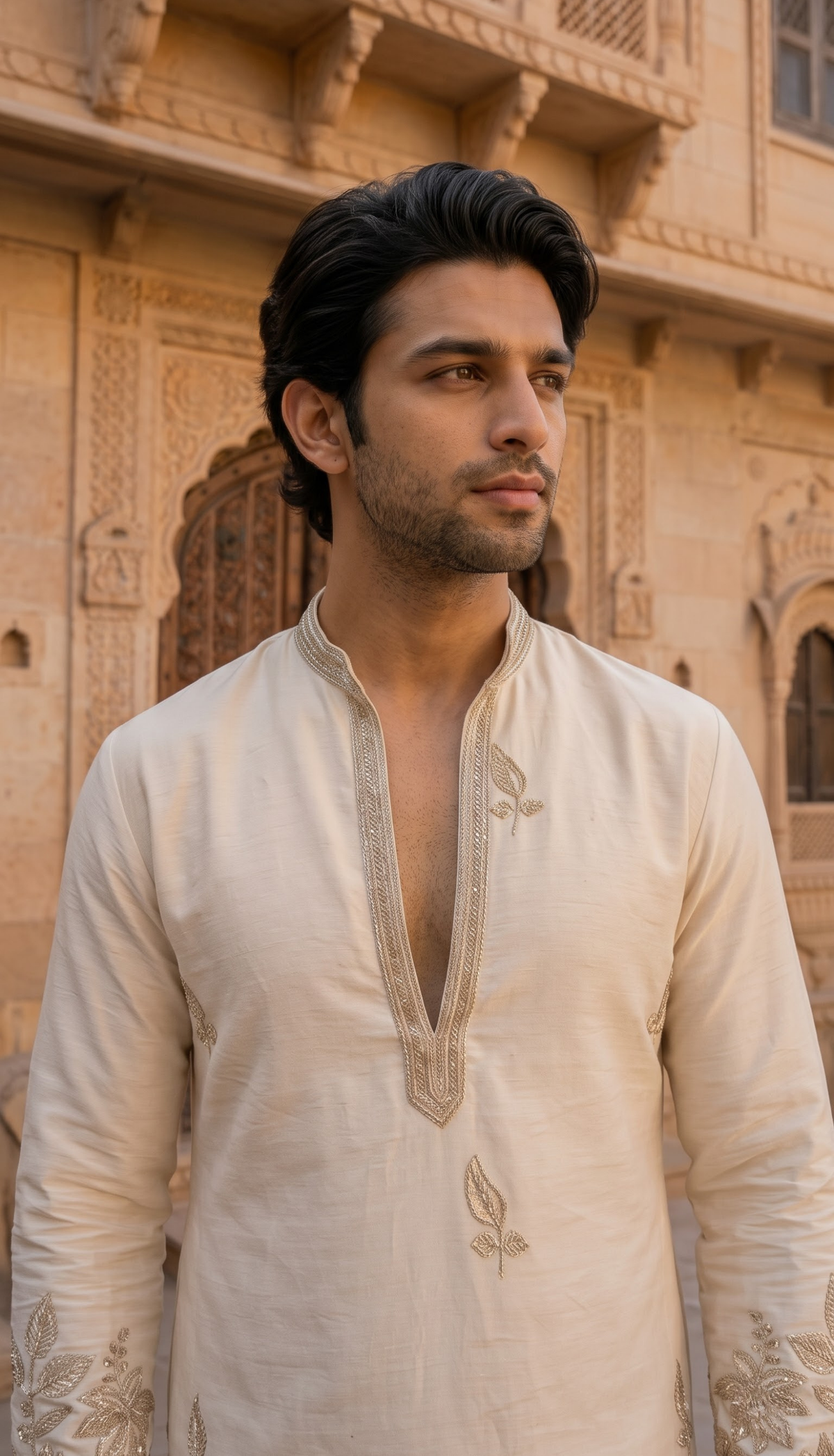 Ivory Floral Elephant Embroidered Kurta