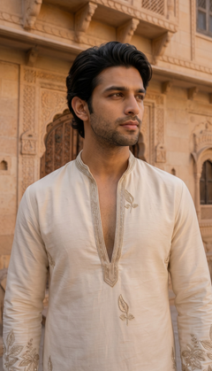 Ivory Floral Elephant Embroidered Kurta