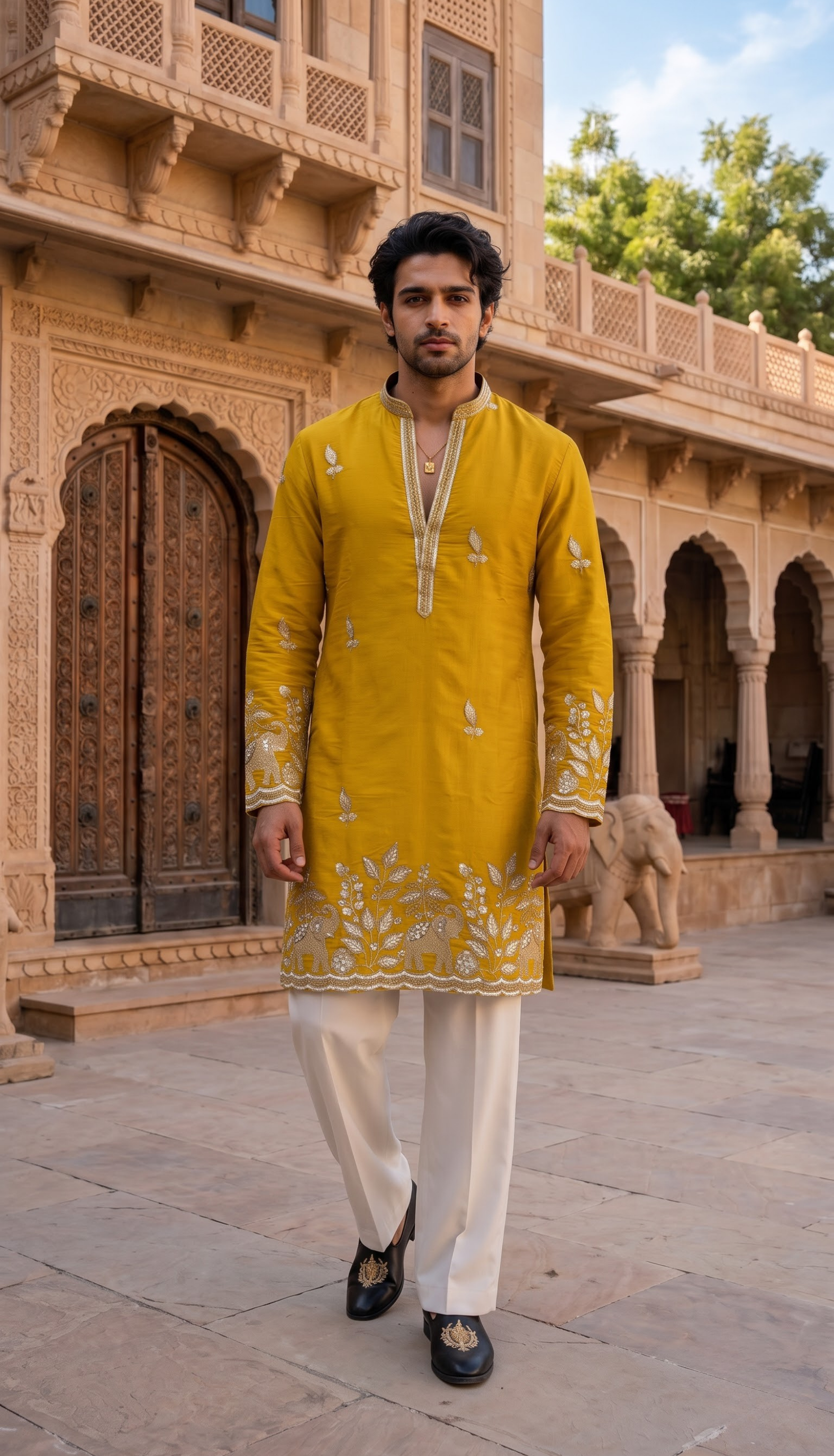Mustard Yellow Elephant Floral Embroidered Kurta