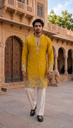 Mustard Yellow Elephant Floral Embroidered Kurta