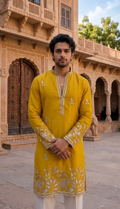 Mustard Yellow Elephant Floral Embroidered Kurta