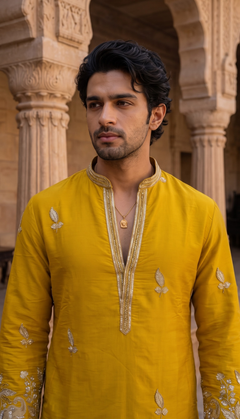 Mustard Yellow Elephant Floral Embroidered Kurta