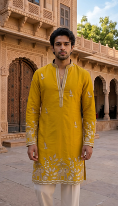 Mustard Yellow Elephant Floral Embroidered Kurta