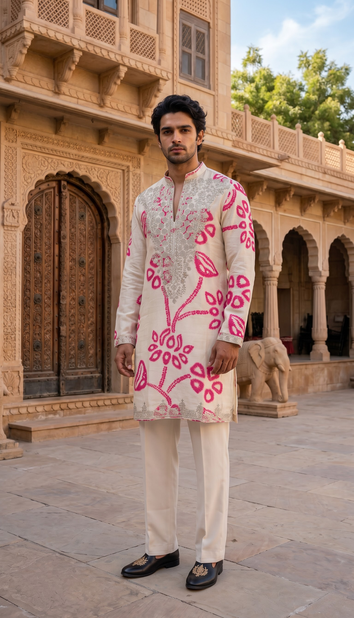 Ivory Pink Floral Kurta