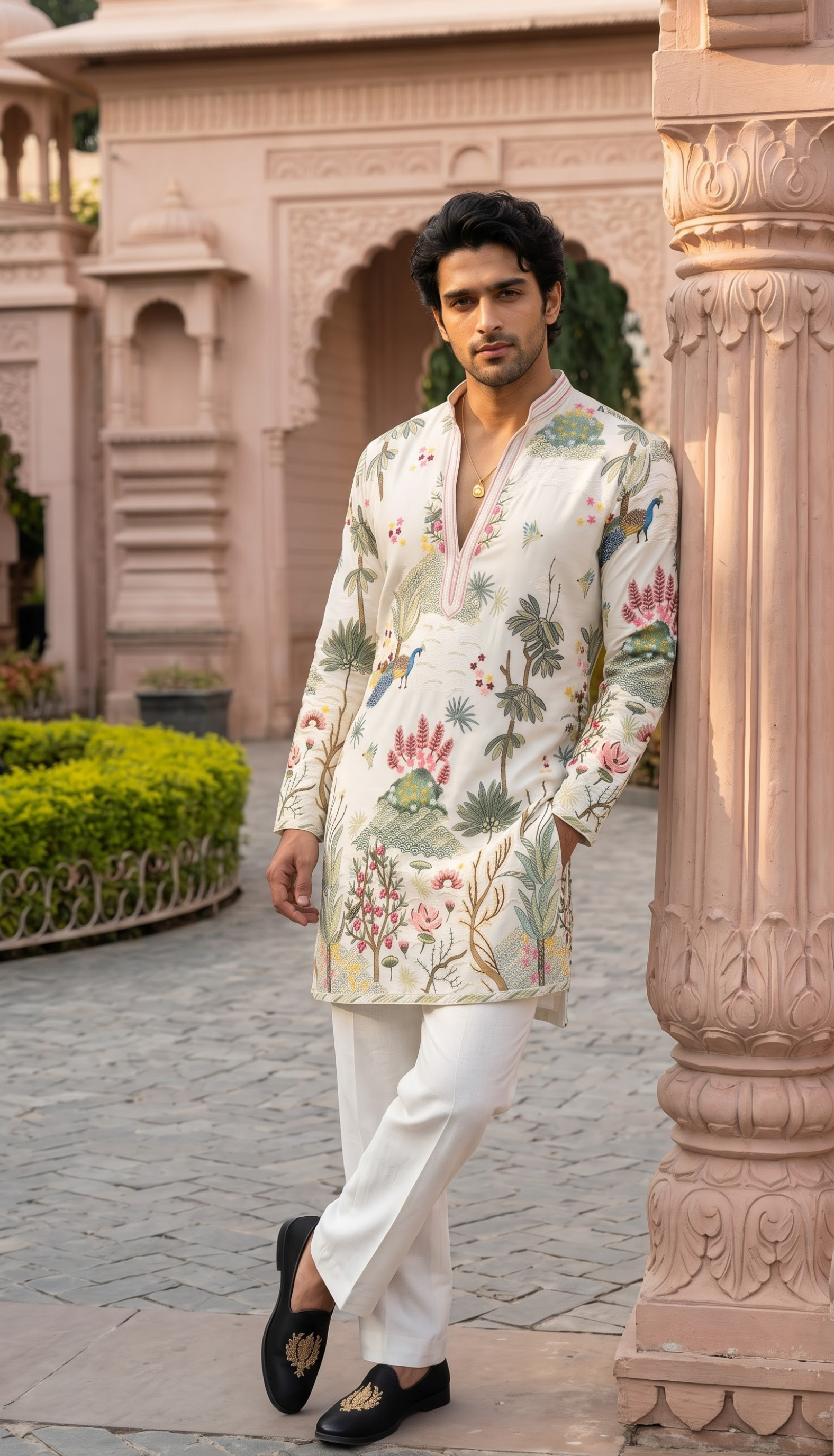 Ivory Multicolour Bird & Floral Kurta