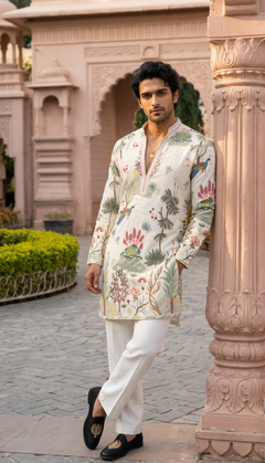 Ivory Multicolour Bird & Floral Kurta