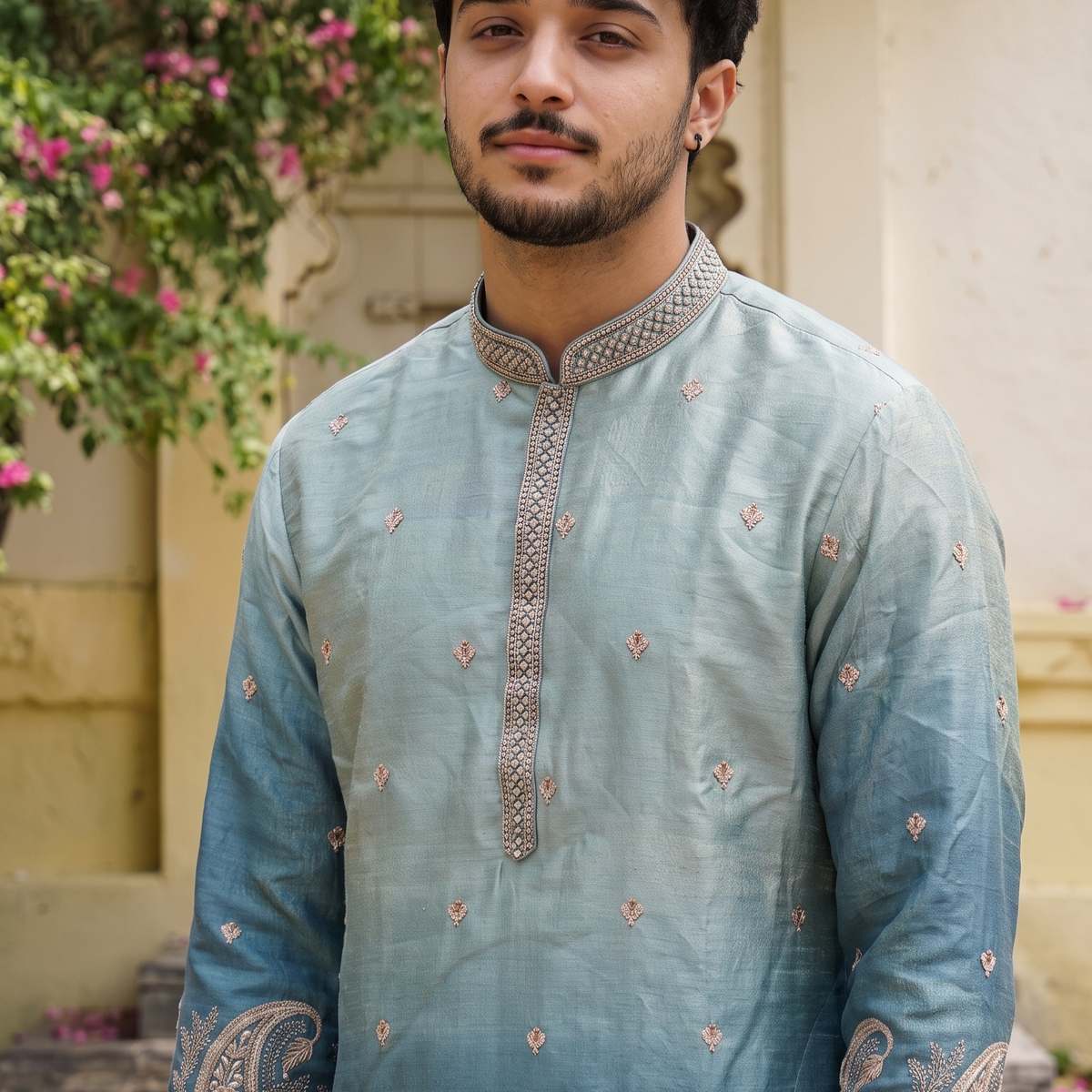 Azure Paisley Embroidered Kurta - Hover Image