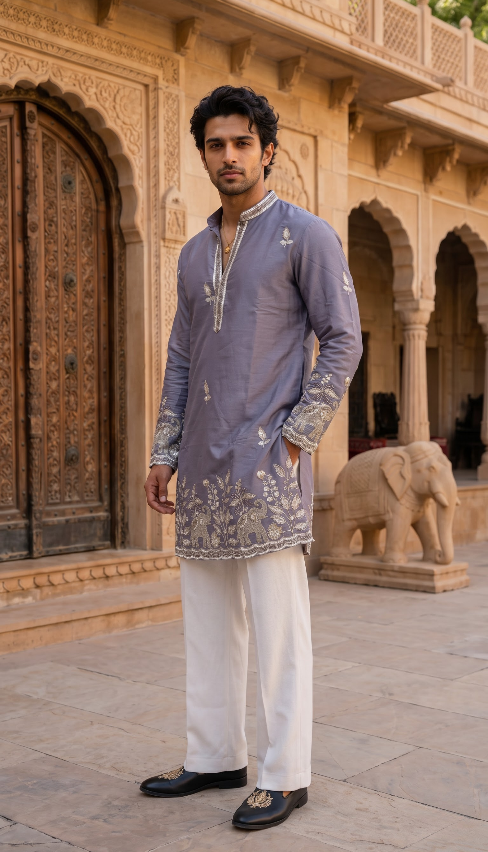 Lavender Grey Floral Motif Kurta