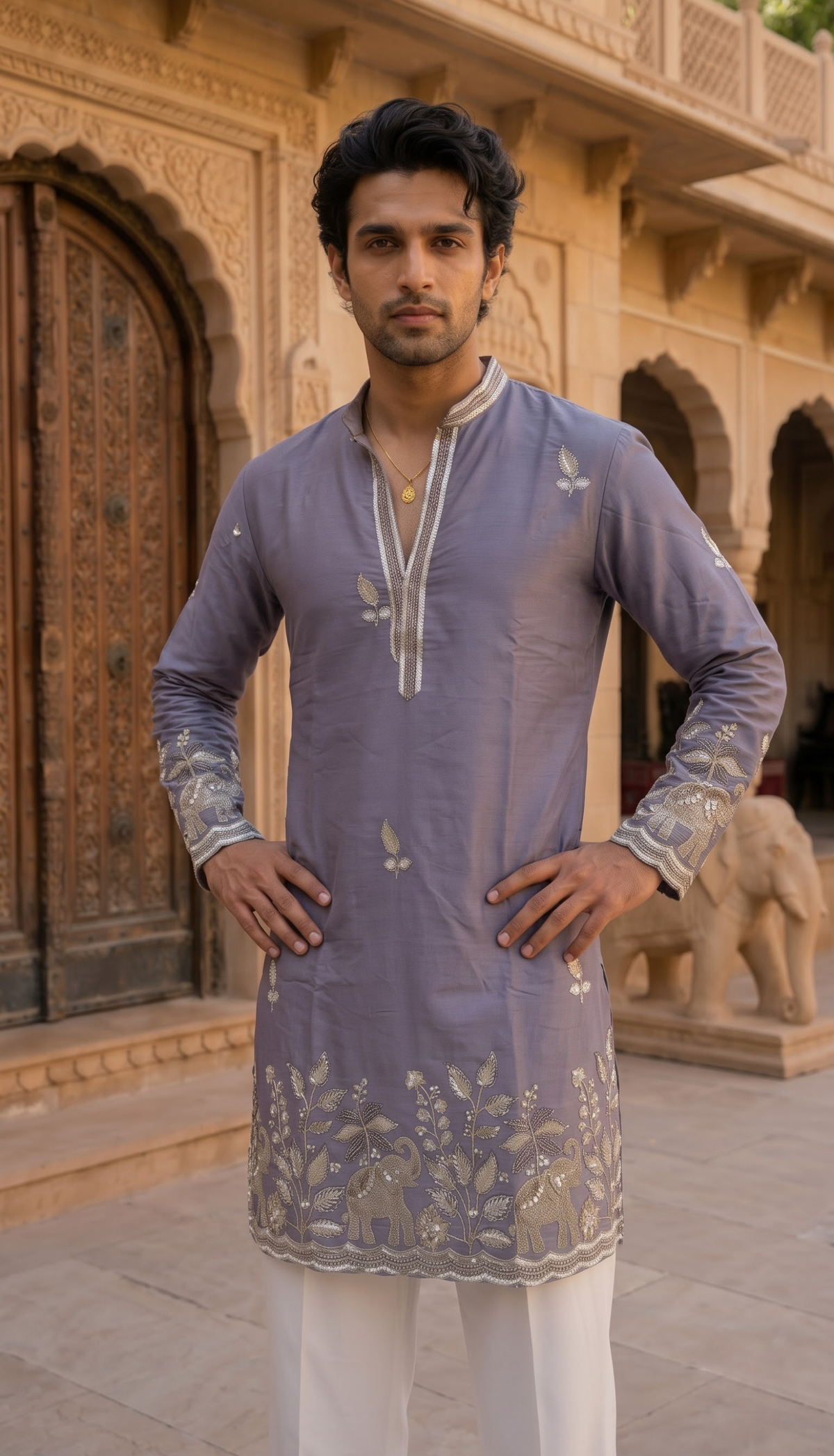 Lavender Grey Floral Motif Kurta