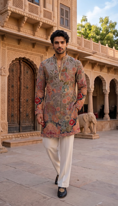 Grey Multicolour Floral Motif Kurta