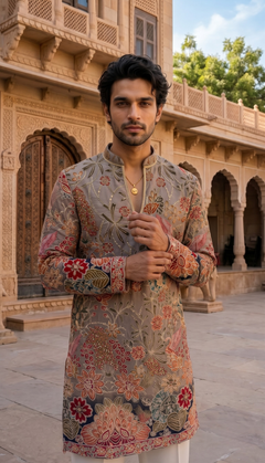 Grey Multicolour Floral Motif Kurta