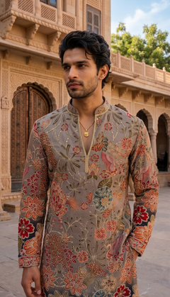 Grey Multicolour Floral Motif Kurta