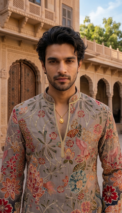 Grey Multicolour Floral Motif Kurta