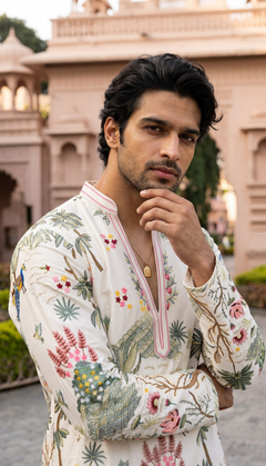 Ivory Multicolour Bird & Floral Kurta