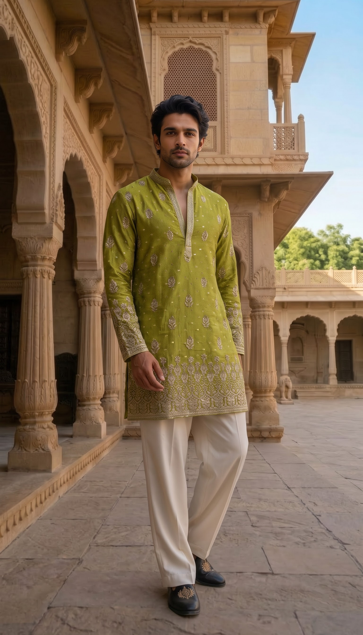 Olive Green Embroidered Kurta