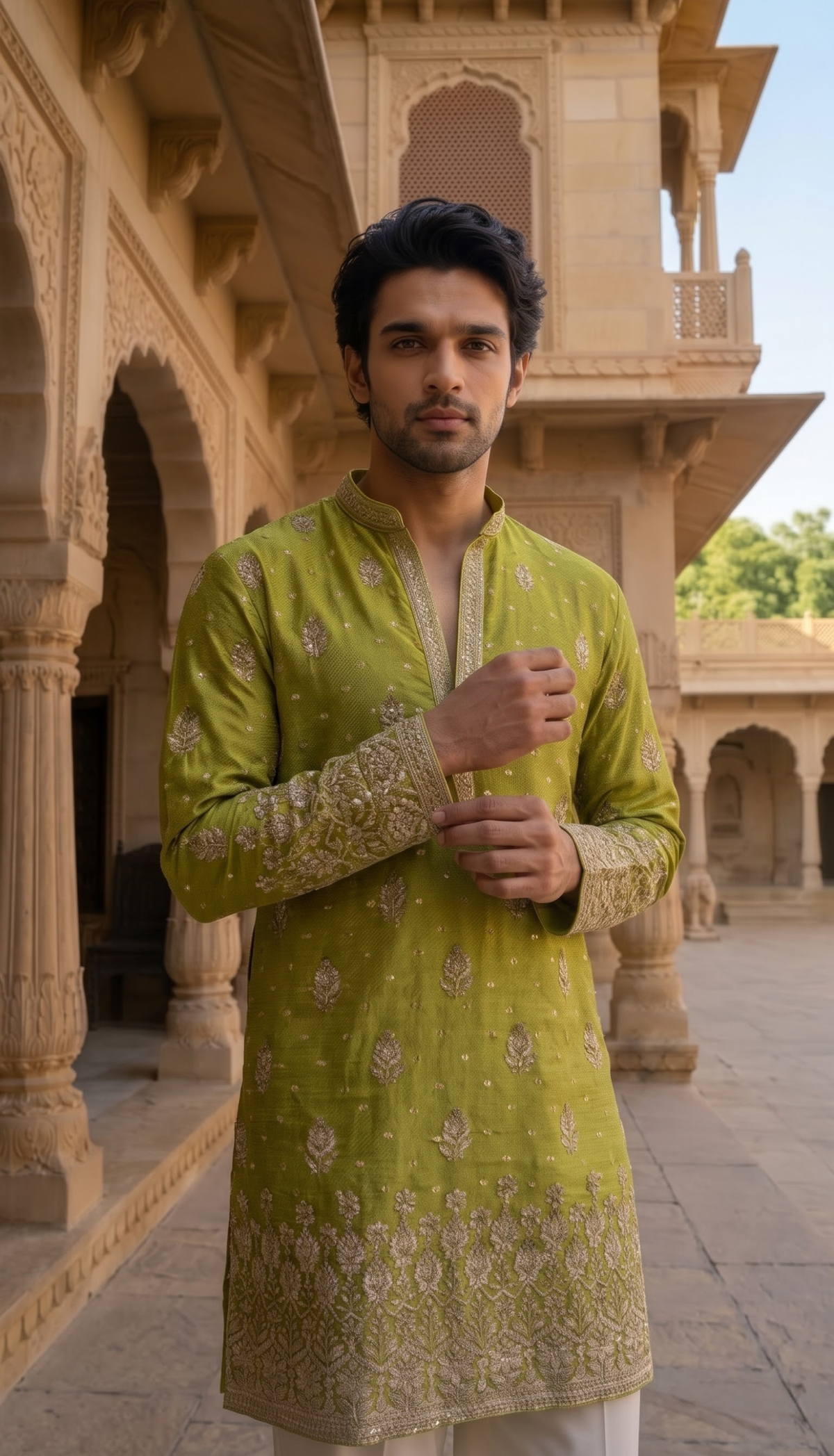 Olive Green Embroidered Kurta
