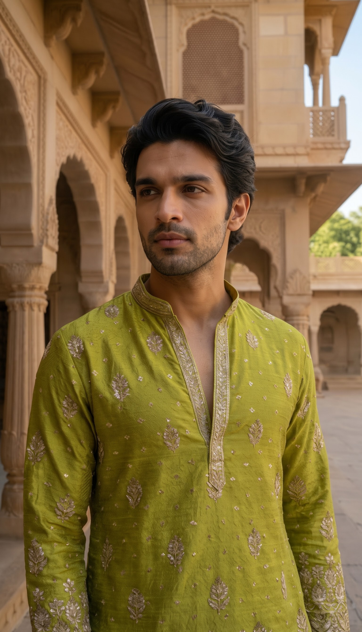 Olive Green Embroidered Kurta