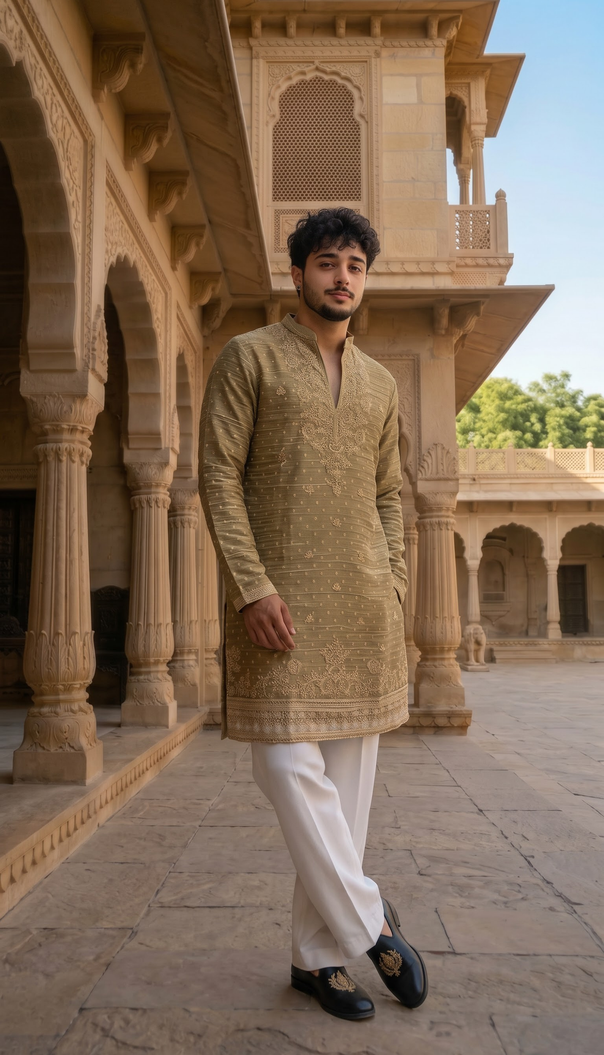 Taupe Gold Embroidered Kurta