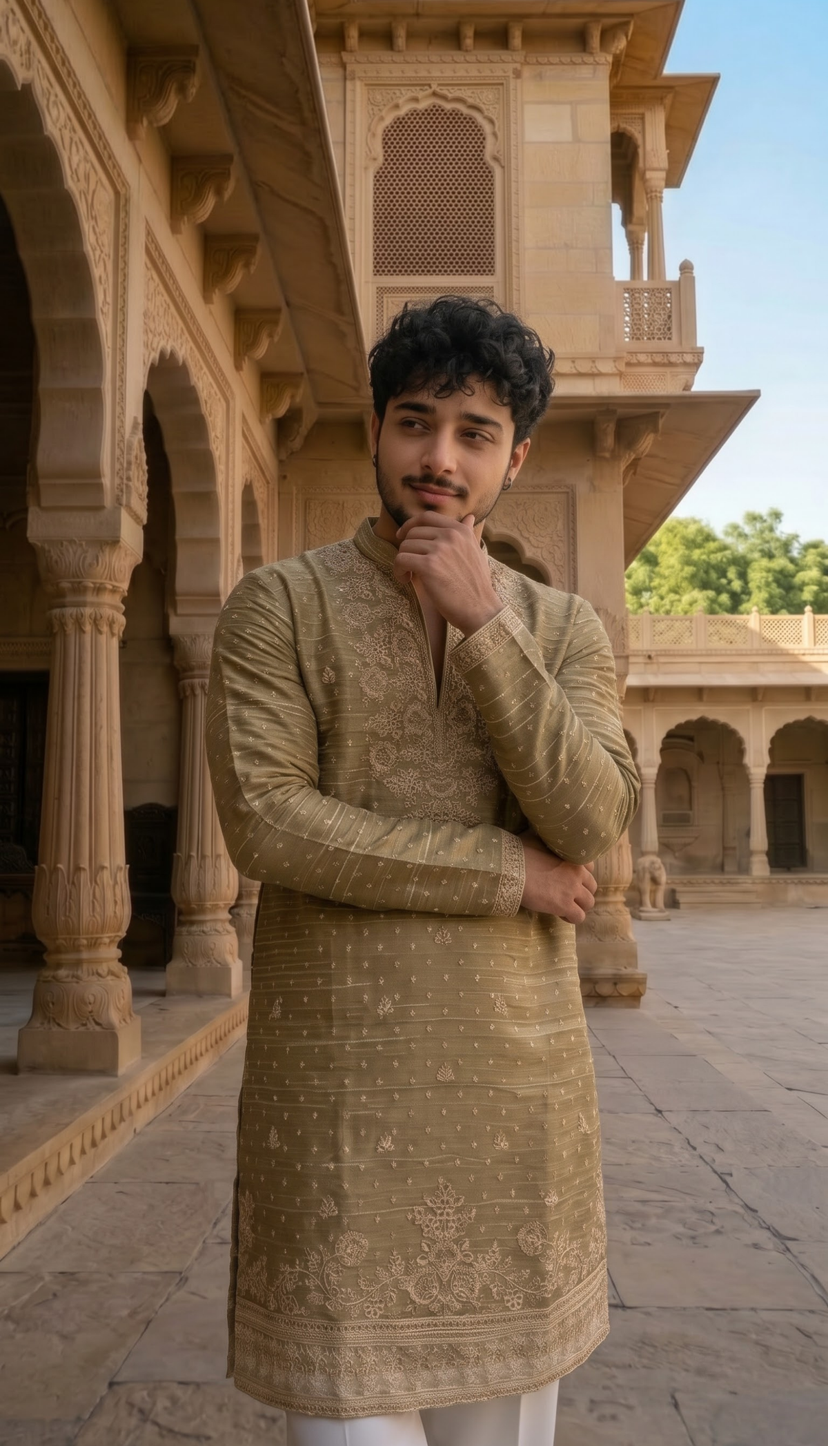 Taupe Gold Embroidered Kurta