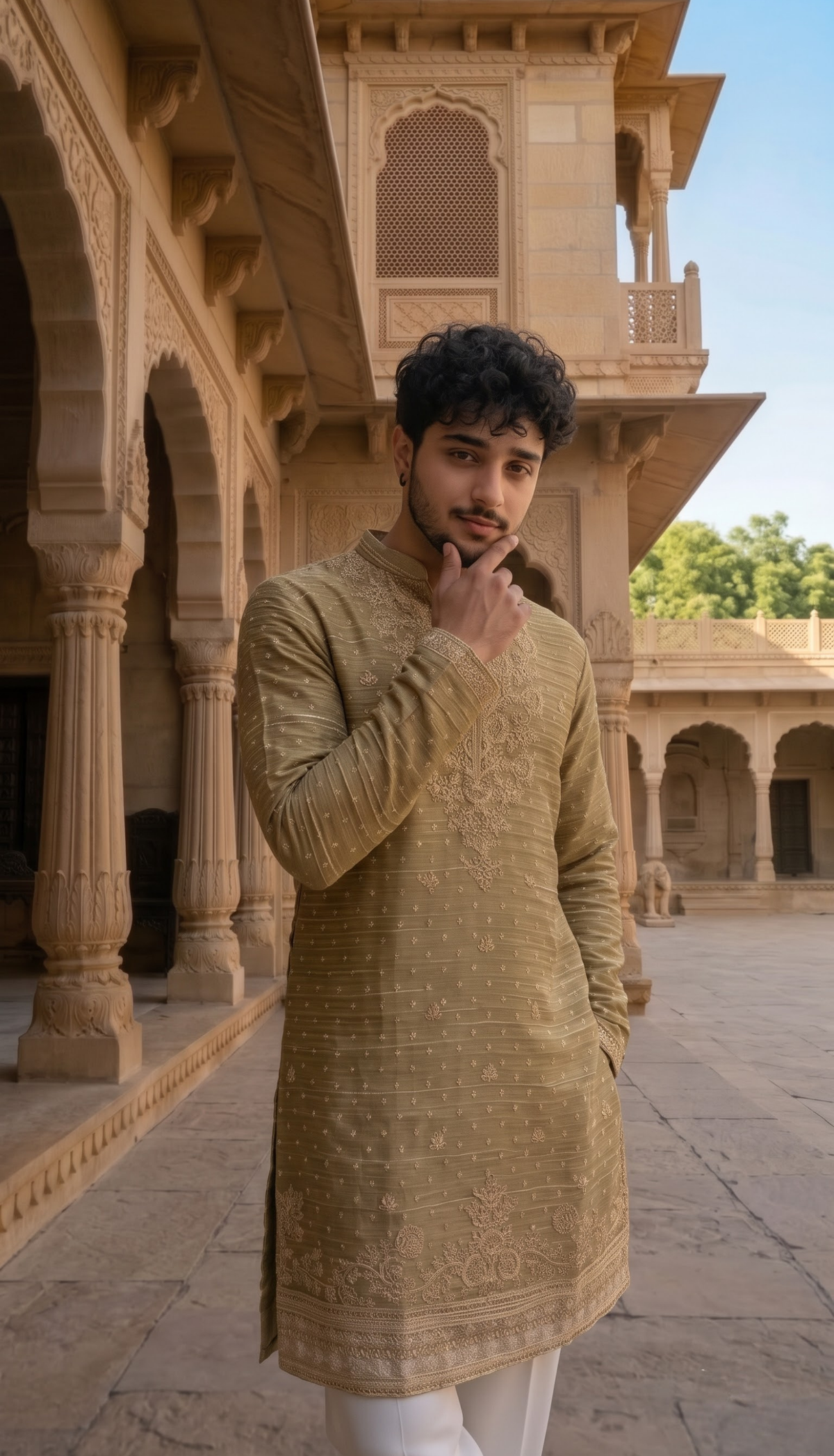 Taupe Gold Embroidered Kurta