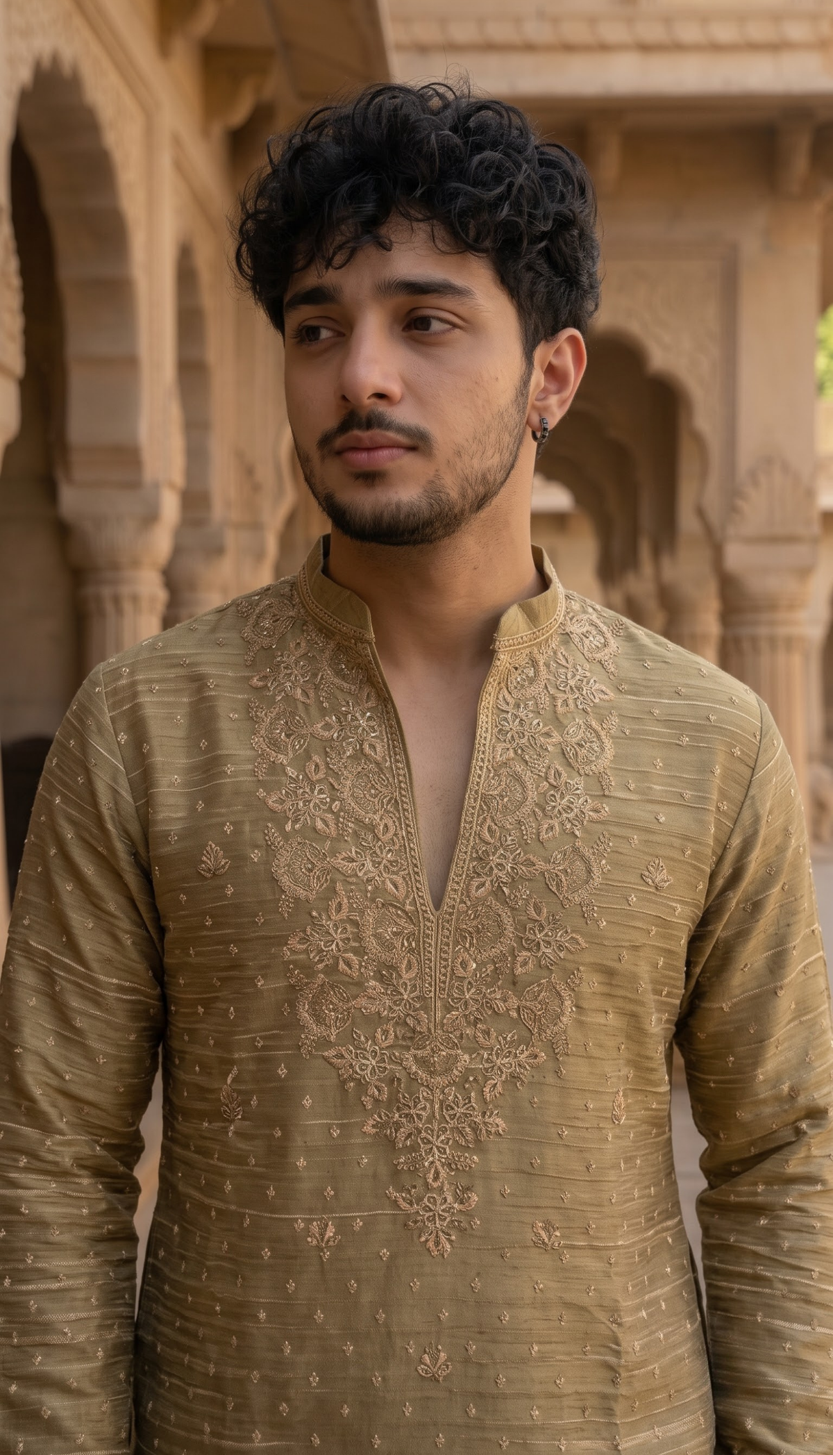 Taupe Gold Embroidered Kurta