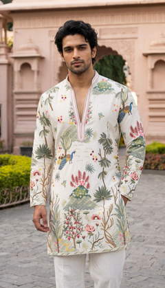 Ivory Multicolour Bird & Floral Kurta