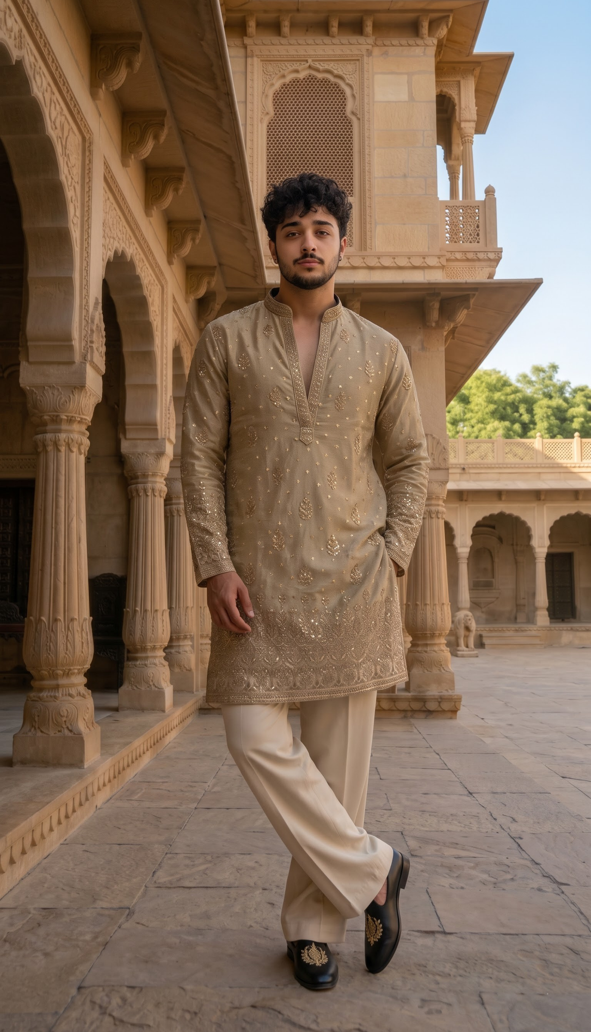 Champagne Gold Embroidered Kurta