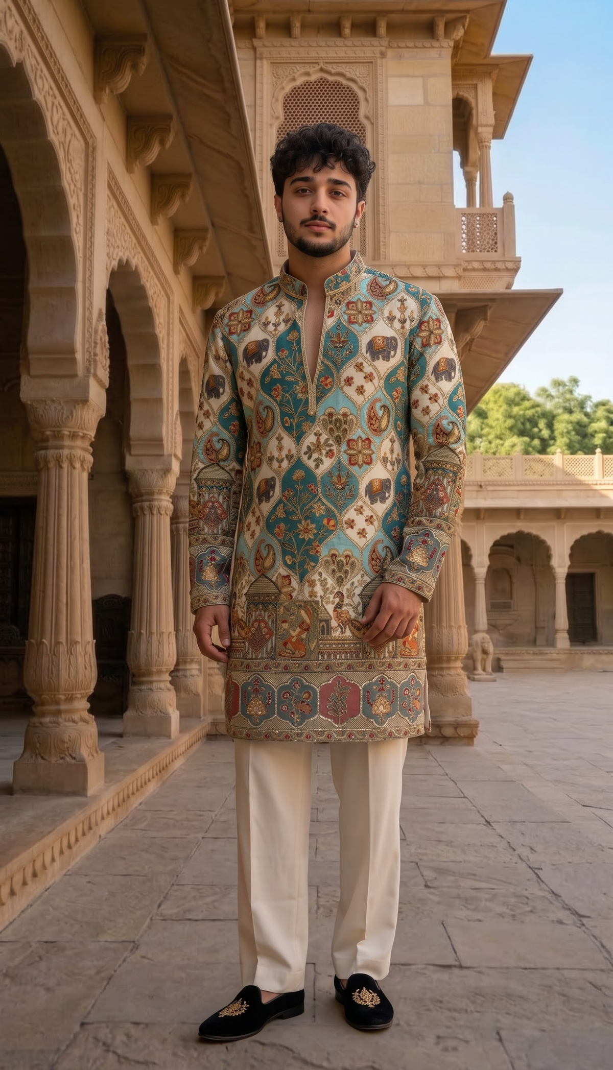 Teal Blue Printed Silk Blend Kurta