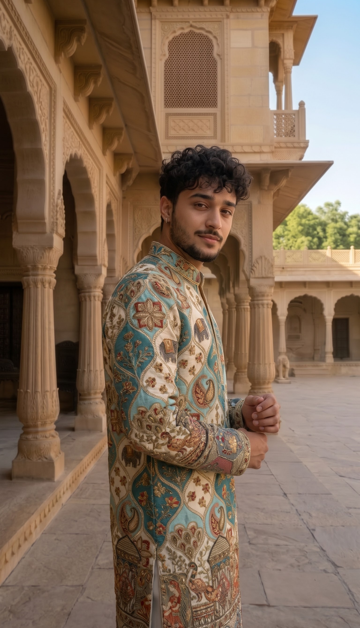 Teal Blue Printed Silk Blend Kurta