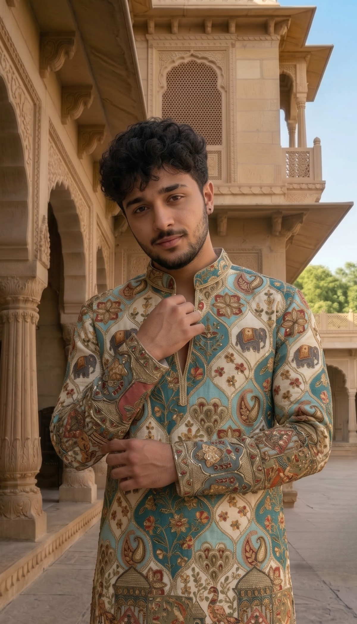 Teal Blue Printed Silk Blend Kurta