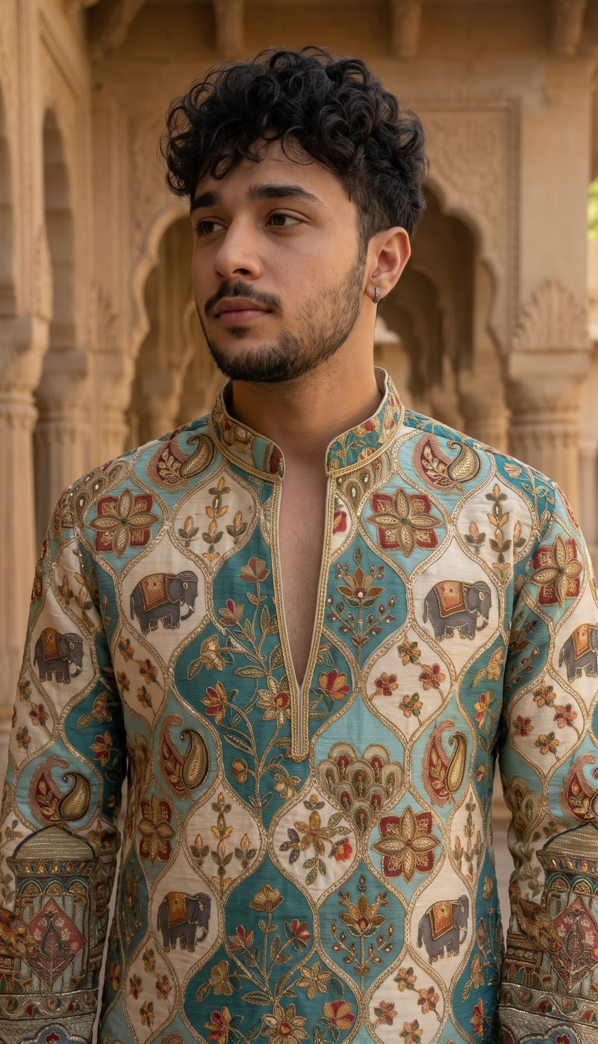 Teal Blue Printed Silk Blend Kurta
