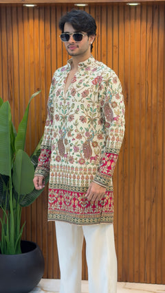 Ivory Peacock Embroidered Designer Kurta Set