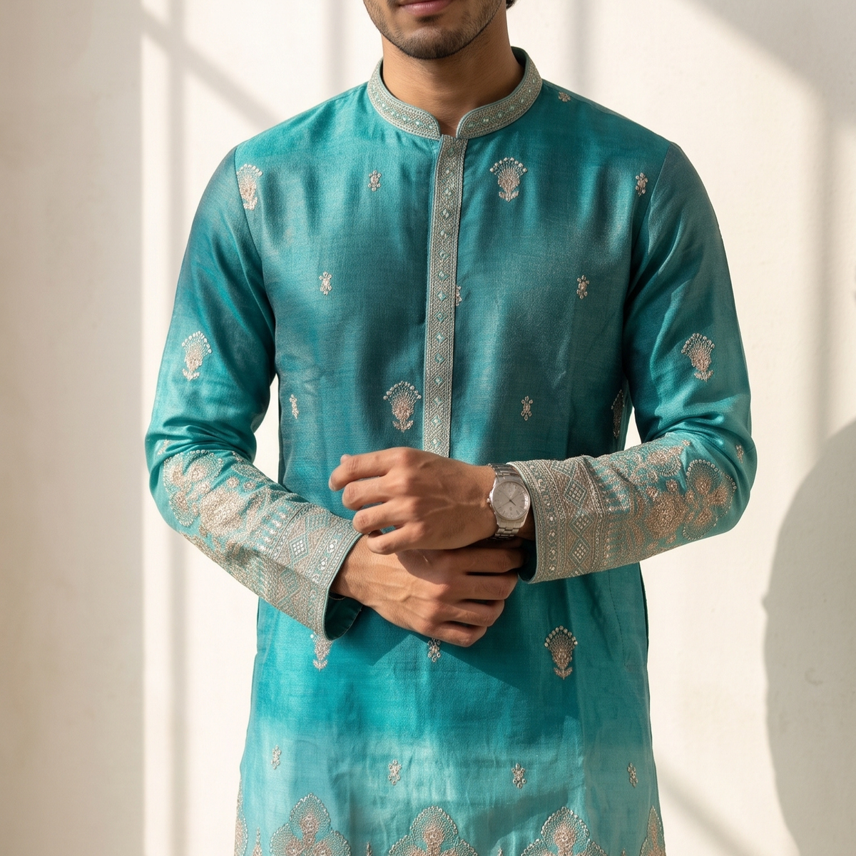 Aqua Royale Embroidered Kurta - Hover Image