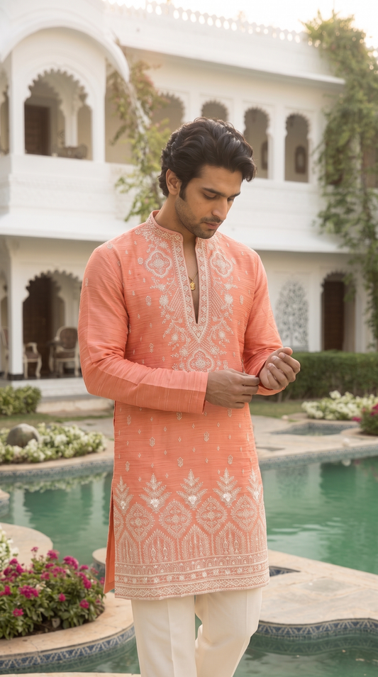 Blush Peach Regal Embroidered Kurta