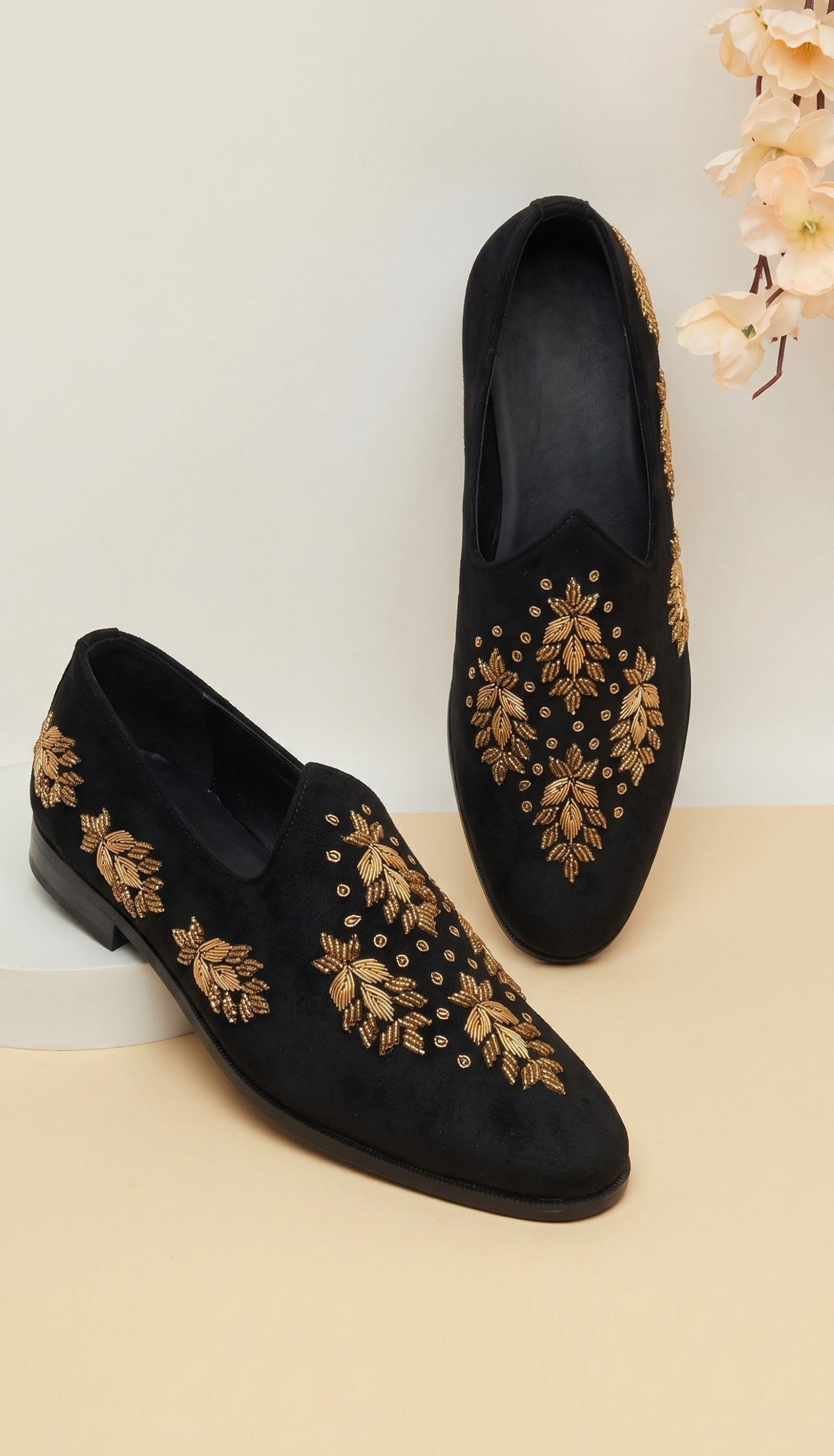 Black Velvet Leaf Motif Loafers